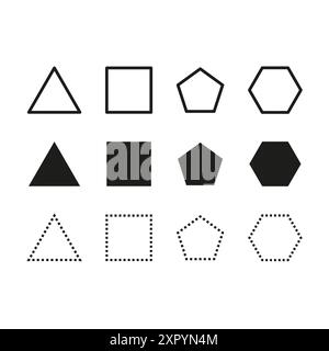 Icônes de forme géométrique. Conceptions polygonales variées. Contours pleins et pointillés. Illustration vectorielle. Illustration de Vecteur