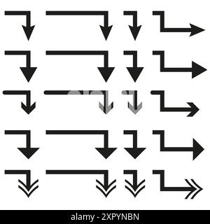 Icônes de direction des flèches. Droite et bas. Design noir simple. Ensemble de vecteurs. Illustration de Vecteur