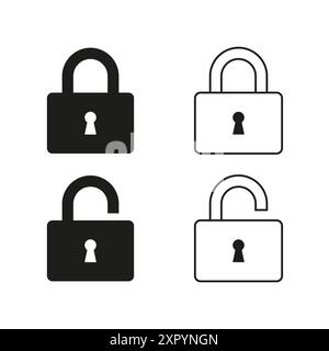 Icônes de verrouillage et de déverrouillage. Vecteur noir et blanc. Cadenas silhouette. Conception du symbole de sécurité. Illustration de Vecteur