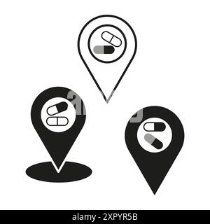 Icônes de l'emplacement de la pharmacie. Symboles vectoriels de médecine. Design noir et blanc. Épingle de carte avec des pilules. Illustration de Vecteur