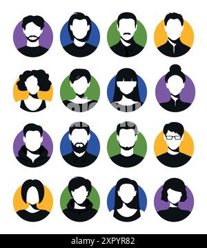 Silhouettes féminines et masculines sans visage. Ensemble d'avatars d'utilisateurs ronds de femmes et d'hommes adaptés aux profils anonymes ou aux icônes abstraites de genre. Vecteur illust Illustration de Vecteur