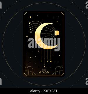 Carte de Tarot doré de Major Arcana la Lune. Croissant brillant décoré de chaînes et d'étoiles. Symbolisme du tarot. Mystère, astrologie, ésotérique. Vecteur illu Illustration de Vecteur