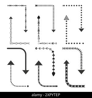 Jeu de flèches décoratives. Neuf conceptions vectorielles. Noir et blanc. Orné et à motifs. Illustration de Vecteur