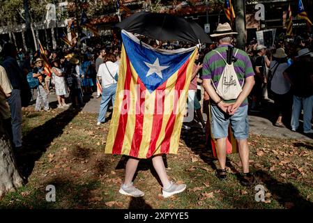 Barcelone, Catalogne, Espagne. 8 août 2024, Barcelone, Espagne: à Barcelone, une femme tient un drapeau catalan pro-indépendance sous un parapluie alors que les gens se rassemblent devant le parlement catalan pour soutenir l'ancien président catalan Carles Puigdemont à son retour en Espagne après 7 ans d'exil avec l'intention de participer au débat d'investiture du socialiste Salvador Illa qui est devrait être nommé premier président pro-unité de la région de Cataonia en 14 ans. Crédit : Jordi Boixareu/Alamy Life News Banque D'Images