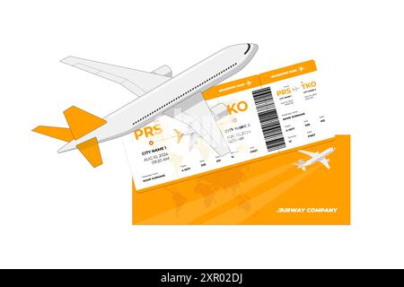Avion de passagers volant au-dessus d'un billet jaune d'avion. Concept de panneau de carte d'embarquement pour les voyages aériens. Icône de réservation de voyage de tourisme aérien. Symbole eps isolé du document de la société Airways Illustration de Vecteur