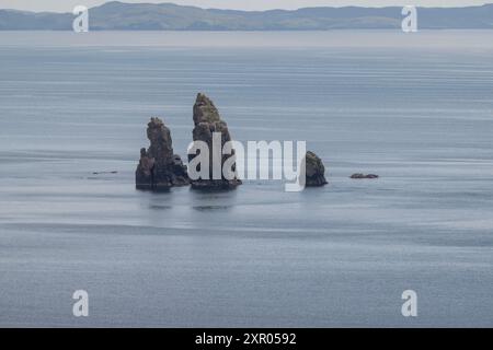 Vue sur les Drongs, un récif rocheux pointu, Braewick, Shetland Banque D'Images