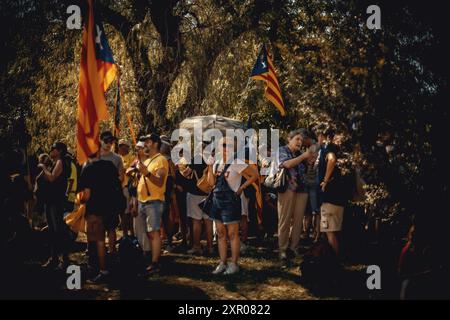 Barcelone, Espagne. 8 août 2024. Les partisans de l'indépendance catalane se tiennent impuissants dans l'ombre du parc de la Ciutadella alors que l'ancien président catalan Carles Puigdemont disparaît une fois de plus après son apparition à Barcelone plutôt que d'entrer au parlement comme prévu. Son arrivée jette une ombre sur la séance d'ouverture d'aujourd'hui du parlement catalan, qui est prévu d'installer le candidat socialiste Salvador Illa comme nouveau président catalan cette semaine. Il vivait en exil auto-imposé en Belgique depuis sept ans. Crédit : Matthias Oesterle/Alamy Live News Banque D'Images