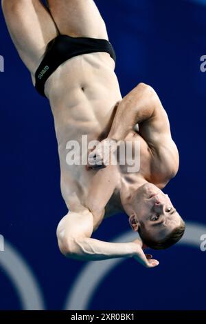 Paris, France. 08 août 2024. L’Allemand Moritz Wesemann participe à la finale masculine de plongeon 3m Springboard aux Jeux Olympiques de Paris 2024 au Centre aquatique de Paris (France), le 08 août 2024. Crédit : Insidefoto di andrea staccioli/Alamy Live News Banque D'Images