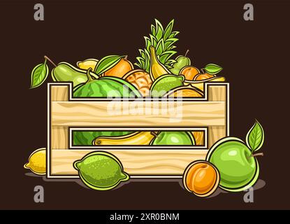 Boîte de caisse de fruits de vecteur, affiche horizontale décorative avec illustration de contour de la composition de fruits juteux, impression de fruits de dessin animé avec beaucoup de diffe Illustration de Vecteur