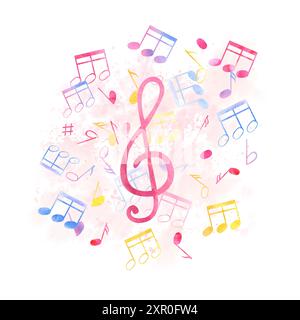 Notes de musique abstraites autour des clefs aiguës. Affiche pour la journée de la musique symboles de note multicolore sur la tache aquarelle rose. Ambiance musicale mignonne. Banque D'Images