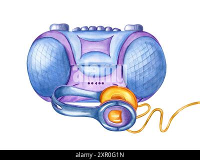 Lecteur de cassettes audio avec casques d'écoute avec fil. Magnétophone et écouteurs pour écouter de la musique. Rétro des années 90, style Y2K. Accessoires musicaux. Aquarelle Banque D'Images