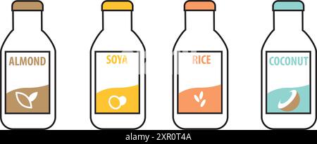 Lait végétalien en bouteille isolé sur fond blanc. Illustration vectorielle de boisson à base de plantes dans un style de dessin animé plat. Riz biologique sans produits laitiers, noix de coco, a Illustration de Vecteur