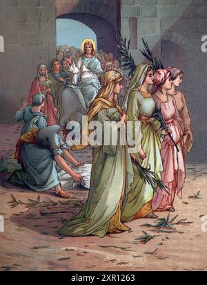 Illustration entrée de Jésus dans Jérusalem avec des disciples prenant des foulards et les posant sur le sol pour que l'âne marche dessus (Evangile) de Ant Banque D'Images