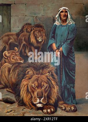 Illustration de Daniel dans la fosse des Lions du Livre antique du XIXe siècle God is Love Bible Pictures and Stories for the Young par Mme L. Haskel Illus Banque D'Images