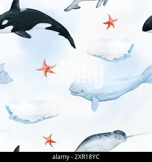 Aquarelle modèle sans couture avec illustration d'animaux de la mer arctique narval, épaulard, baleine blanche, glace flottante, sur bleu abstrait et blanc Banque D'Images