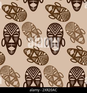 Fond africain sans couture, motif de masque tribal ethnique, masques rituels primitifs de sauvages. Texture du design vintage Afro Art. Aztec Indian Maya Illustration de Vecteur