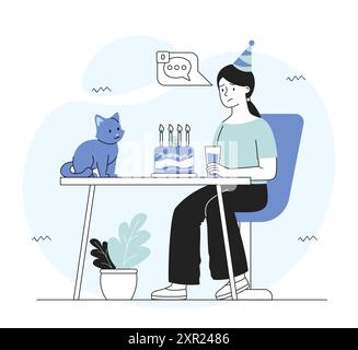 La femme fête son anniversaire seule. Triste jeune fille assise avec un gâteau sur la table. Dépression et frustration, solitude. Vacances sans amis. Linéaire Illustration de Vecteur