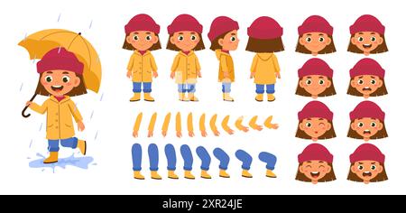 Ensemble de constructeur de fille d'automne. Enfant heureux courant avec parapluie en automne et en automne. Pack de jambes, de mains et de visages pour créer des animations. Plat Illustration de Vecteur