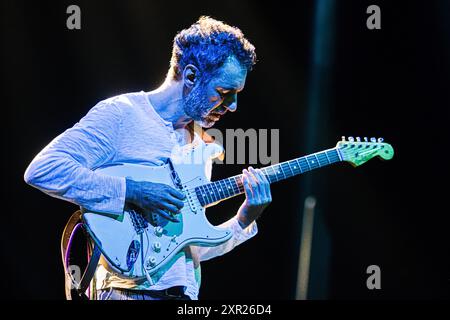 Brno, République tchèque. 08 août 2024. Le guitariste Federico Casagrande se produit avec Jokers Project au festival Marathon Music Brno à Brno, en République tchèque, le 8 août 2024. Crédit : Patrik Uhlir/CTK photo/Alamy Live News Banque D'Images