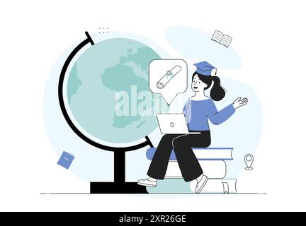 Femme apprenant en ligne. Fille avec ordinateur portable est assis sur la pile de manuels près du globe. Éducation et formation à distance. Étudiant avec cours à distance. Linéaire Illustration de Vecteur