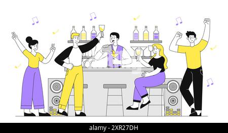 Les gens s'amusent au bar. Hommes et femmes dansent dans un pub avec des boissons alcoolisées à la main. Fête et célébration d'événements. Amis avec de l'alcool. Vecteur linéaire Illustration de Vecteur