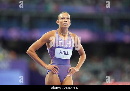 08 août 2024 : Anna Hall (États-Unis d'Amérique) participe au 200m de l'heptathlon féminin le jour 13 des Jeux Olympiques au stade de France, Paris, France. Ulrik Pedersen/CSM. Banque D'Images