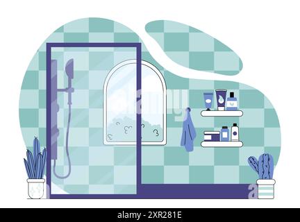 Douche dans la salle de bains. Cabine de douche en plastique dans les toilettes. Intérieur moderne et minimaliste. Propreté et hygiène, routine. Illustration vectorielle linéaire Illustration de Vecteur