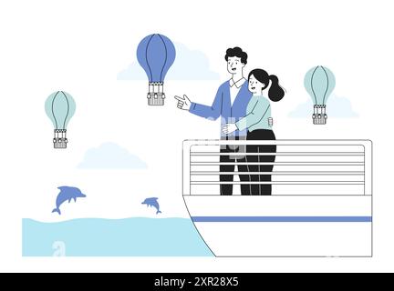 Voyage de couple par bateau. Homme et femme dans la mer et l'océan regardent les dauphins et les montgolfières. Voyages et tourisme. Paire lors d'une croisière romantique. Vecteur linéaire Illustration de Vecteur