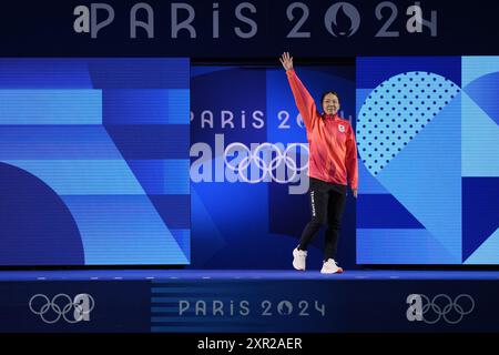 Paris, France. 08 août 2024. Haruka Enomoto, japonaise, participe à la demi-finale du tremplin féminin du 3m le jour 13 des Jeux Olympiques de Paris 2024 au Centre aquatique le 8 août 2024 à Paris, France. Photo de Nicolas Gouhier/ABACAPRESS. COM Credit : Abaca Press/Alamy Live News Banque D'Images