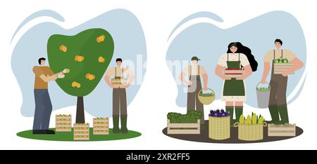 Illustration vectorielle dans un style plat sur fond blanc. Hommes de différentes nationalités récoltant des pêches et famille avec leur récolte de légumes. Pour Illustration de Vecteur