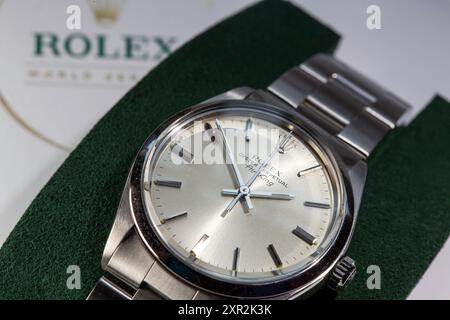 Gros plan de Vintage 1979 Rolex Air-King montre-bracelet, 2024, États-Unis Banque D'Images