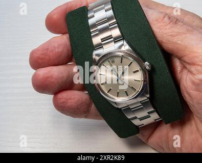 Gros plan de Vintage 1979 Rolex Air-King montre-bracelet, 2024, États-Unis Banque D'Images