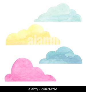 Un ensemble de nuages d'aquarelle en bleu, jaune et rose, parfait pour divers besoins de conception, y compris la décoration de chambre d'enfants, des invitations à des événements, ou des projets d'art ludiques. Faisceau clipart dessiné à la main dans des couleurs pastel Banque D'Images