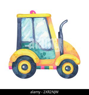 Tracteur dans les couleurs vertes et jaunes, voiture de style cartoon. Véhicule de chantier de construction ou transport de ferme, idéal pour les conceptions à thème de ferme, vêtements pour enfants, ou contenu éducatif agricole Banque D'Images