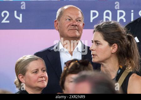 OLAF Scholz (Deutschland, Bundeskanzler, SPD), FRA, Olympische Spiele Paris 2024, Hockey, Herren, Deutschland (GER) vs Niederlande (NED), finale, 08.08.2024 Foto : Eibner-Pressefoto/Michael Memmler Banque D'Images