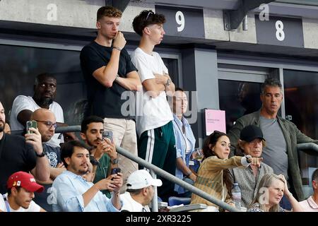 Mick Jagger et Melanie Hamrick, Marchand Leon, Marchand Oscar, lors des Jeux Olympiques de Paris 2024 le 8 août 2024 à State de France à Saint Denis - photo Gregory Lenormand/DPPI Media/Panoramic Credit : DPPI Media/Alamy Live News Banque D'Images