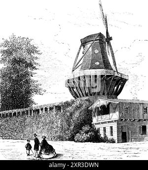 Le roi soldat Frédéric-Guillaume Ier de Prusse avait le moulin construit en 1737 au parc et jardin de Sanssouci, Potsdam, Prusse, illustration historique 1880 Banque D'Images