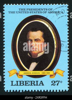 LIBERIA - VERS 1981 : timbre imprimé par Liberia, montre le président des États-Unis Andrew Johnson, vers 1981 Banque D'Images