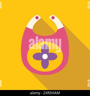 Bavoir de bébé rose avec icône de fleur, ombre longue, fond jaune, style de design plat Illustration de Vecteur