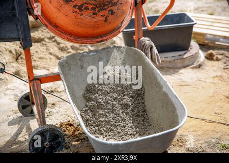 Béton dans un malaxeur orange sur le chantier de construction Banque D'Images
