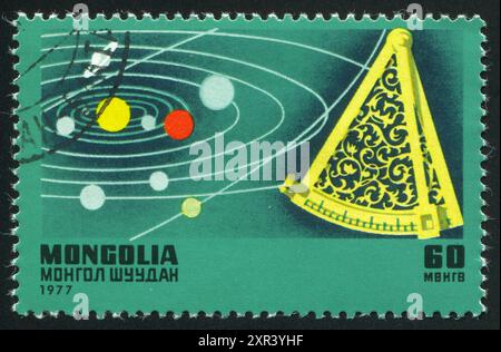 MONGOLIE - VERS 1977 : timbre imprimé par Mongolie, montre la planète, vers 1977 Banque D'Images