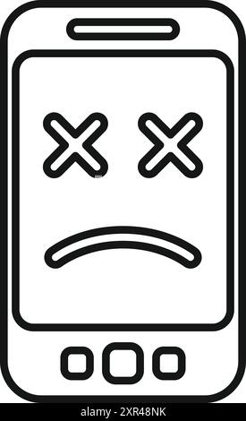 Icône de dessin au trait d'un smartphone montrant un visage triste avec des croix pour les yeux, indiquant une erreur ou une défaillance du système Illustration de Vecteur