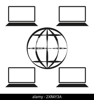 Icône réseau global. Vecteur de connexion d'ordinateur portable. Design noir et blanc. Symbole de communication Internet. Illustration de Vecteur