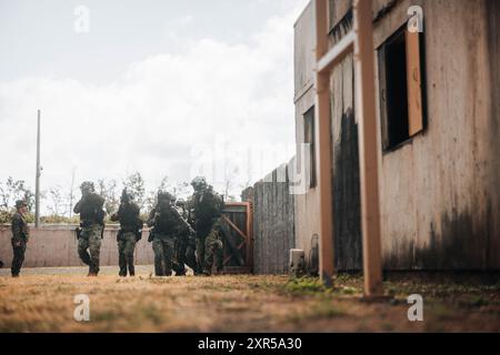 Les forces partenaires mènent un entraînement de combat rapproché avec des opérateurs de guerre spéciale navale basés sur la côte ouest lors de l'exercice Rim of the Pacific 2024 sur la zone d'entraînement du corps des Marines Bellows, Hawaï, le 26 juillet 2024. Vingt-neuf pays, 40 navires de surface, trois sous-marins, 14 forces terrestres nationales, plus de 150 avions et 25 000 membres du personnel participent au RIMPAC dans et autour des îles Hawaï, du 27 juin au 1er août. Le RIMPAC, le plus grand exercice maritime international au monde, offre une occasion de formation unique tout en favorisant et en soutenant les relations de coopération entre les participants Critica Banque D'Images