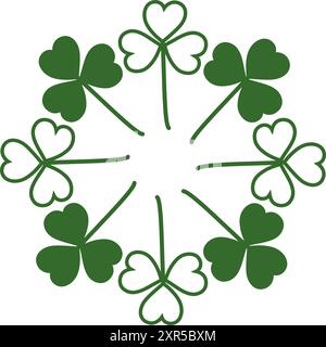 Silhouette et contour Shamrocks en forme de cercle en vert tendance avec espace de copie. Cadre rond. Vecteur isolé. Cartes de vœux, affiche, bannière, brochure, étiquette de prix, étiquette ou web, idée de conception promo Illustration de Vecteur