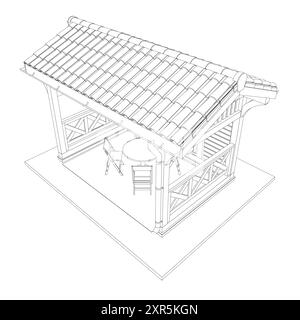 Contour du belvédère. Silhouette linéaire de contour noir. Contour d'une maison d'été avec des bancs, une table et un toit. Illustration vectorielle. 3D.. Illustration de Vecteur