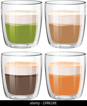 Quatre boissons différentes dans des verres transparents Illustration de Vecteur