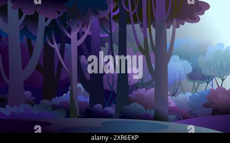 Lisière de forêt. Obscurité nocturne. Crépuscule de plante. Paysage forestier. Paysage avec des arbres. Style dessin animé amusant. Vecteur d'image Illustration de Vecteur