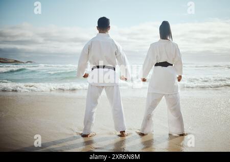 Entraînement avec vue. Vue arrière de deux artistes martiaux méconnus pratiquant le karaté sur la plage. Banque D'Images