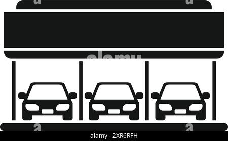 Icône vectorielle simple d'un concessionnaire automobile avec trois voitures garées devant Illustration de Vecteur